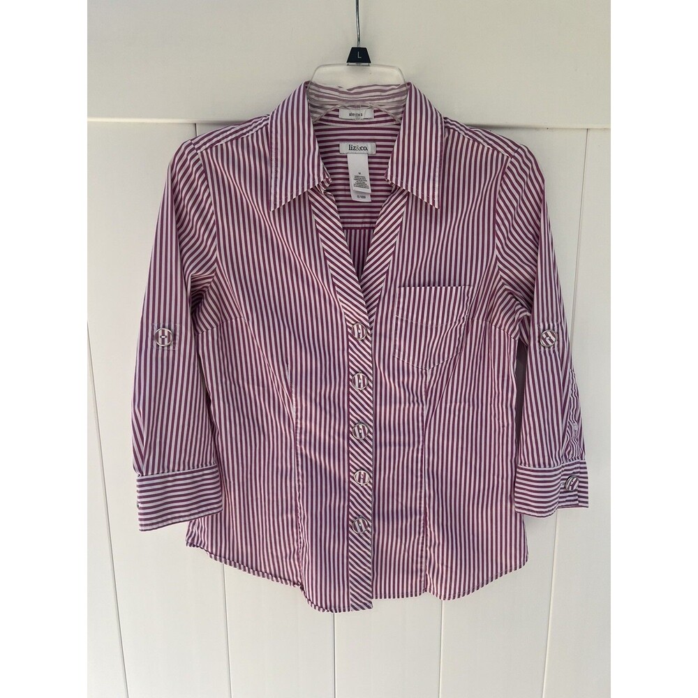 Liz & Co. Women's Medium 3/4 Sleeve Button Up Stretch Purple White Striped